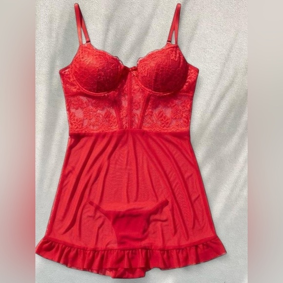 Other - Red Lace Sheer Mini Dress ❤️ Ruffle Hem Slip / Lingerie Style